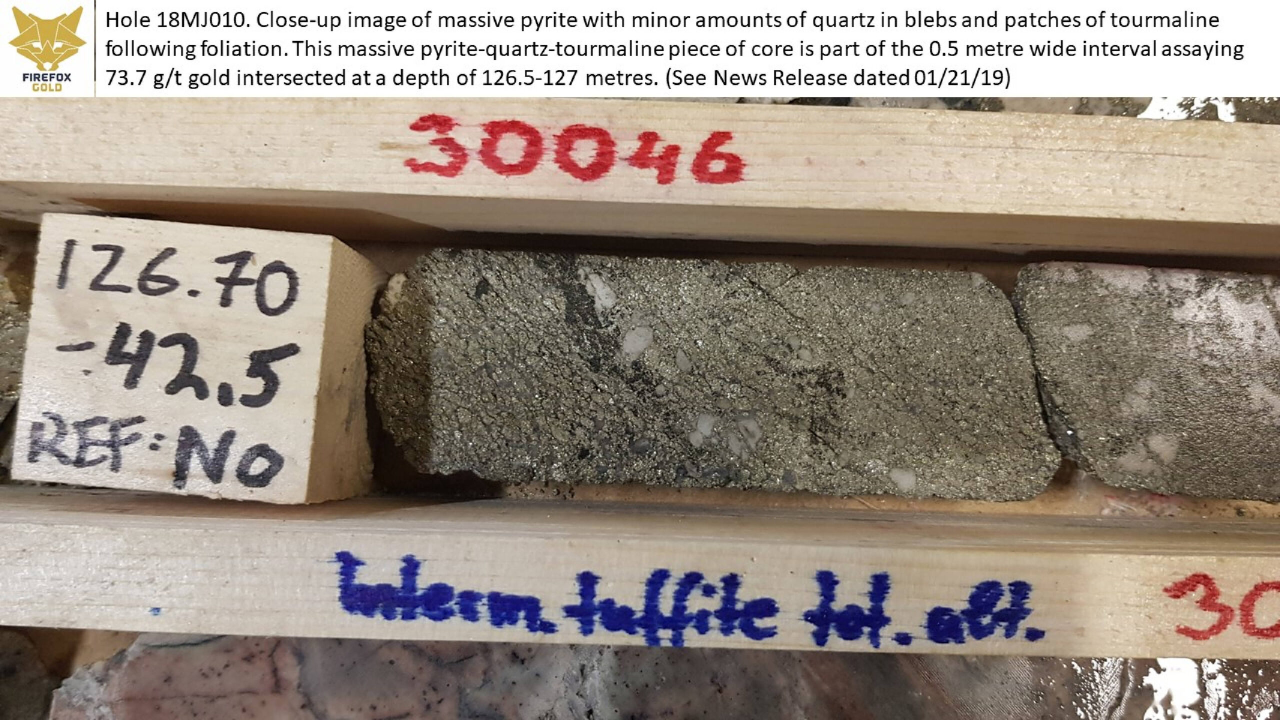 Nr012119 1 Hole 18mj010 Closeup Massive Pyrite With Quartz And Tourmaline