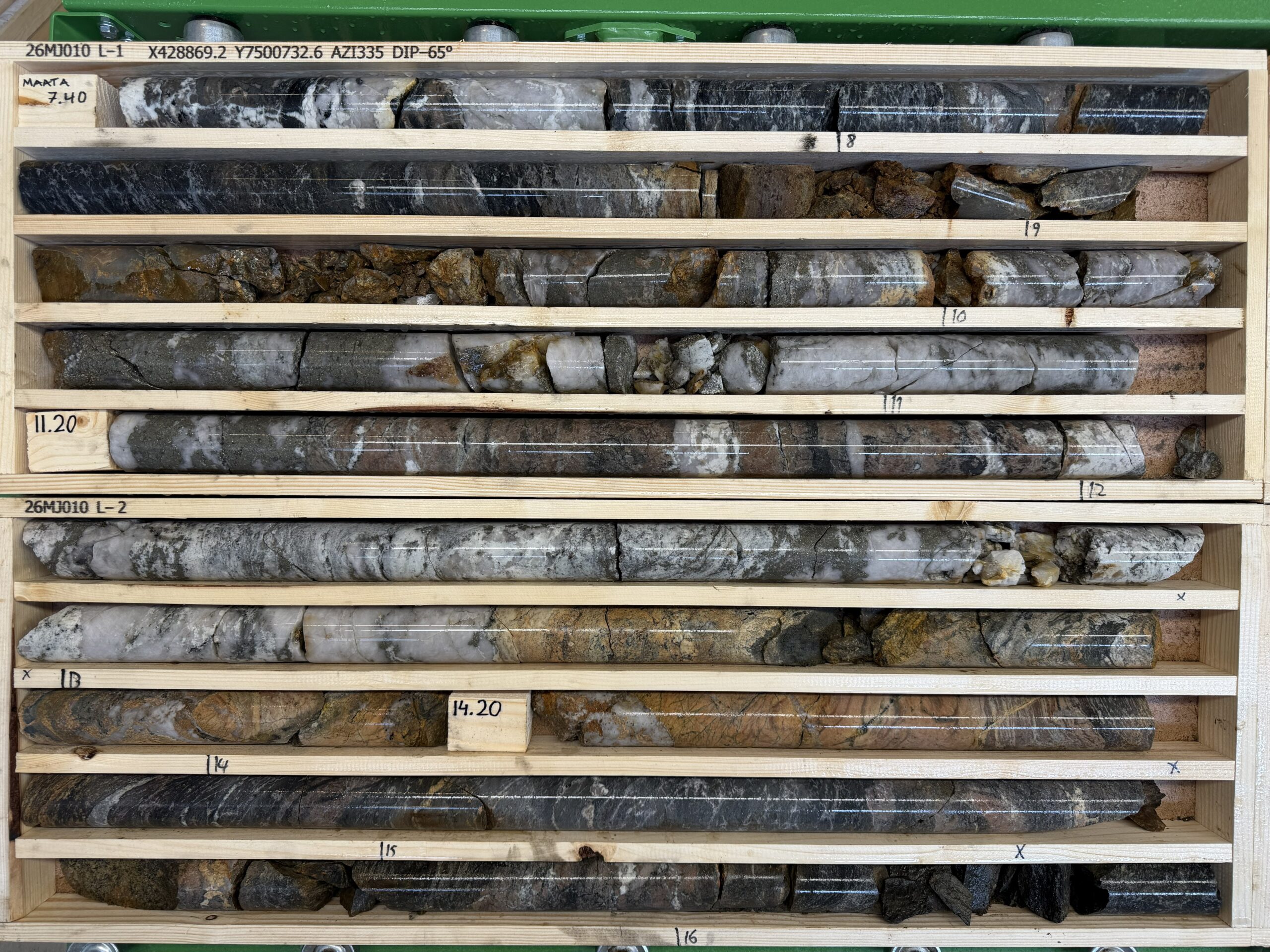 Figure 4. Near surface pyrite and quartz mineralization observed in drill hole 26MJ010.