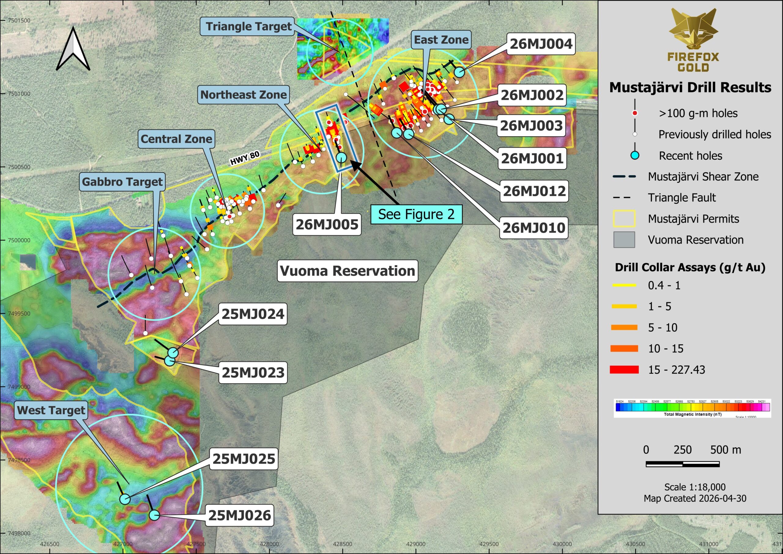 Figure 1. Mustajärvi Project area with the location of drill holes 25MJ023 through 26MJ005 and 26MJ012.